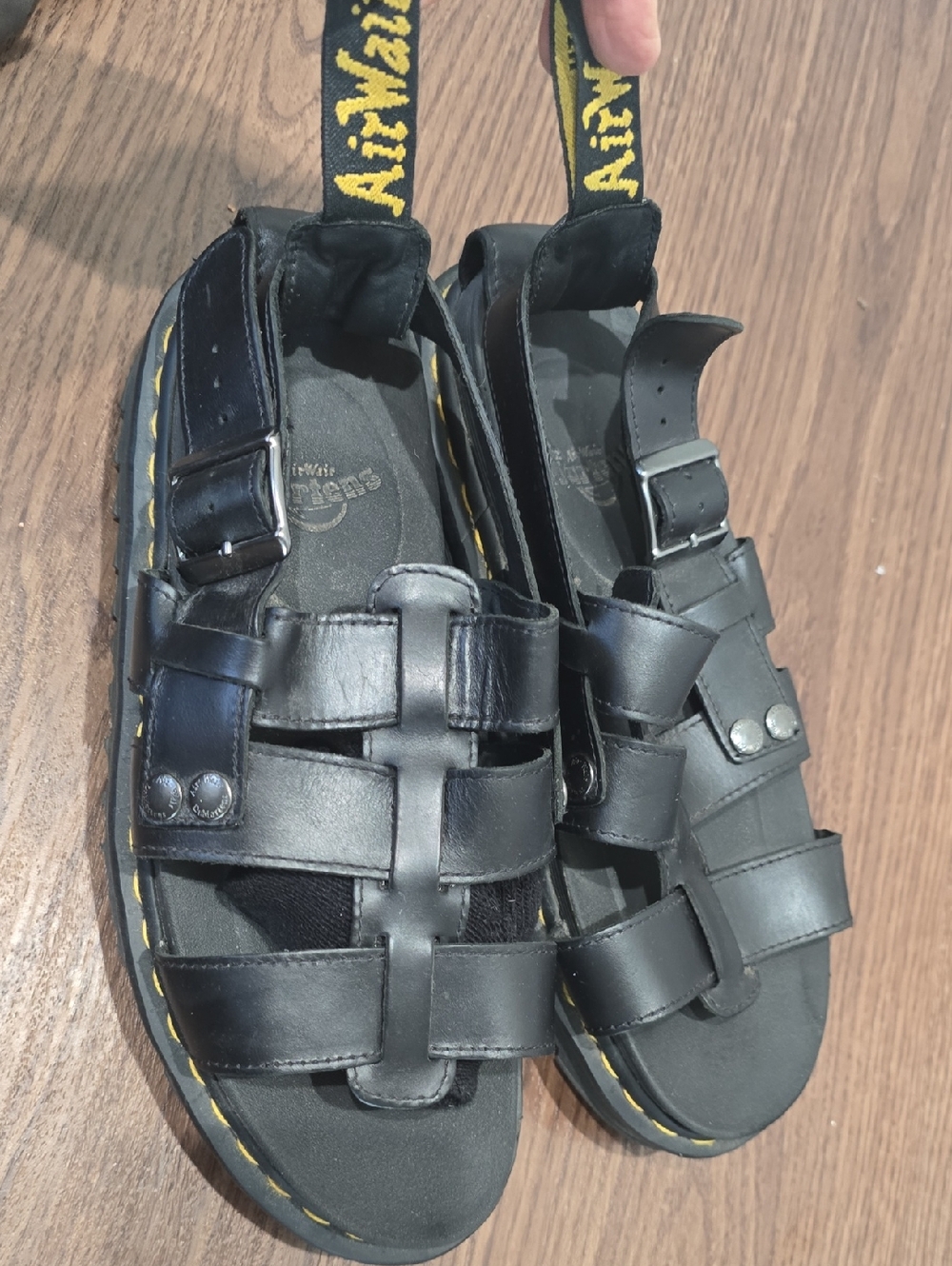 Dr. Martens Black Leather Fisherman Sandals with Yellow Stitching 10M